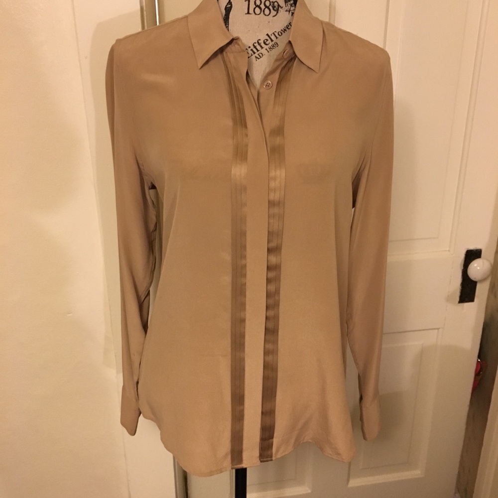 Equipment Silk Satin Tuxedo Blouse Medium Brown Tan Shirt